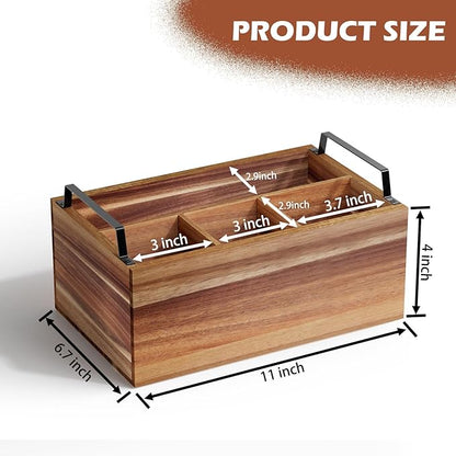 Wooden Silverware Caddy Organizer, Acacia Wooden Silverware Holder, Utensil Holder for Party, Large 11“x6.7"x4"