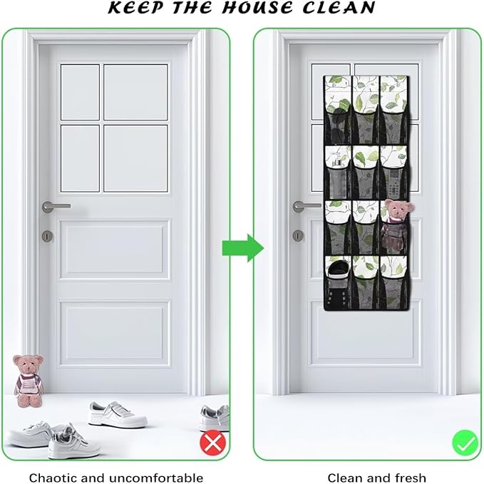 Green Leaves Hanging Shoe Organizer for Closet Door Storage Organizer 12-Pocket Mesh Bag Machine Washable Hanging Storage Bags Multi-purpose Door Rack for Bathroom Toiletries