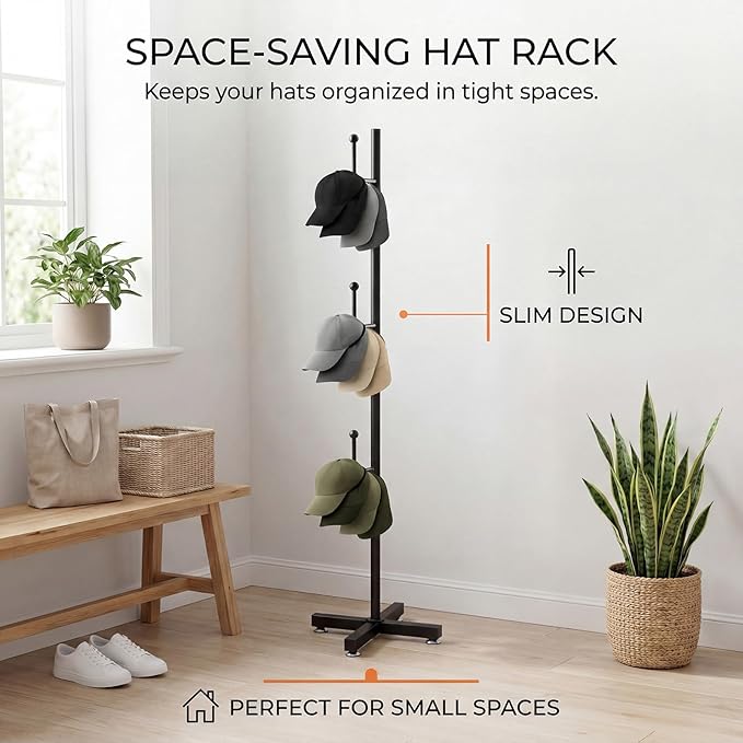 Gisafai Hat Rack Stand for 30 Caps, 63” Tall Freestanding Hat Organizer with 3 L-shaped Hooks (10 Caps Each), Metal Baseball Cap Holder, Space Saving Display Rack for Home, Store, Office