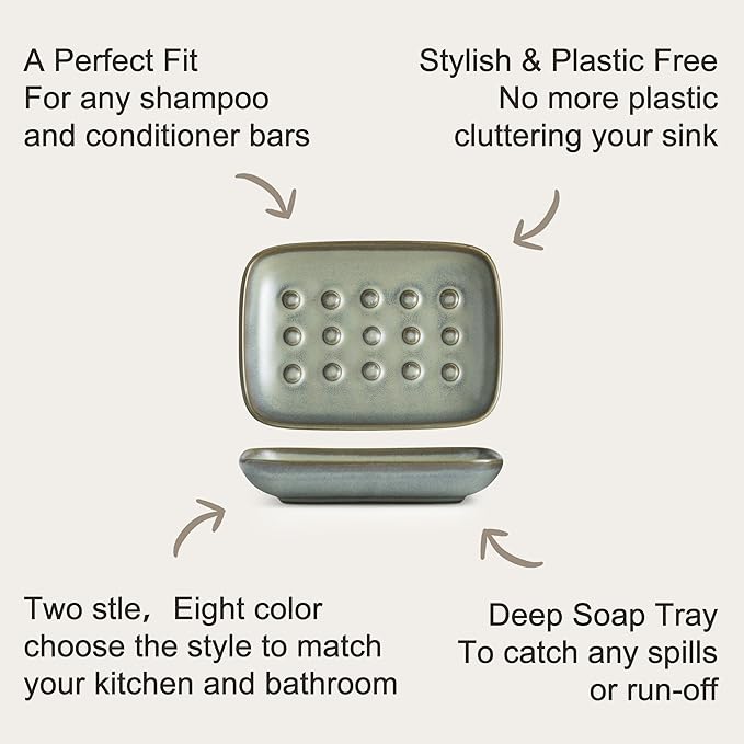 Miamolo Ceramic Soap Dish for Shower, Non-Slip Bar Soap Saver Tray Bar for Bathroom Kitchen Sink Bathtub, Easy to Clean, Dishwasher Safe, Raised Pattern - Keep Soap Dry, Dark Green