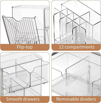 Makeup Organizer with Covered Brush Holder for Bathroom Vanity Countertop, Clear Skincare Storage with Drawers and Removable Dividers, Cosmetic Display Case for Lipsticks, Nail Polishes, Perfumes