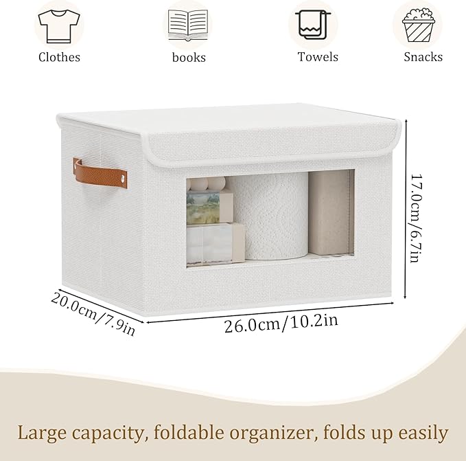 Foldable Storage Baskets with Lids, 10.2 x 7.8 x 6.7 Inch Closet Organizers for Sock Hat Blanket, Fabric Storage Boxes with Handles, White, 3-Pack