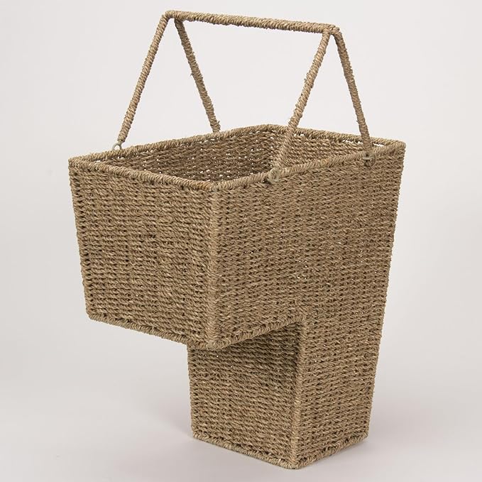 Household Essentials Wicker Stair Basket with Handles, Handwoven Seagrass, Natural