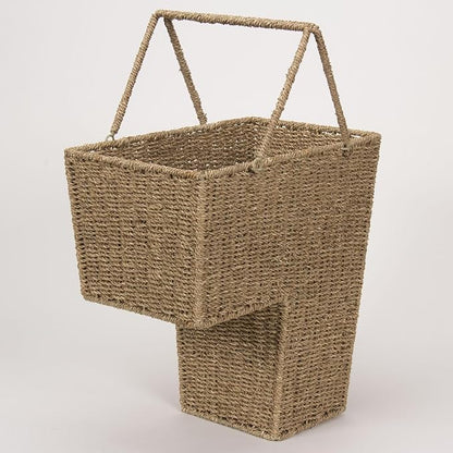 Household Essentials Wicker Stair Basket with Handles, Handwoven Seagrass, Natural