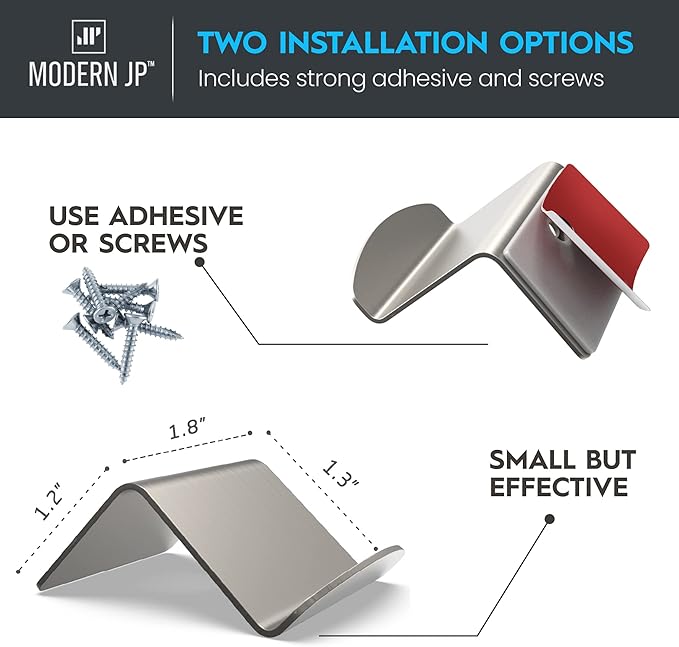 Modern JP Metal Adhesive Hat Hooks for Wall (12-Pack) - Optional Screws Included, Minimalist Hat Rack for Wall, Strong Hold Hat Hangers for Wall - Stainless Steel, Silver
