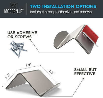 Modern JP Metal Adhesive Hat Hooks for Wall (12-Pack) - Optional Screws Included, Minimalist Hat Rack for Wall, Strong Hold Hat Hangers for Wall - Stainless Steel, Silver