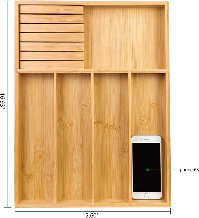 VaeFae Bamboo Silverware Organizer (Non-expandable), Utensil Holder for Drawer, Cutlery Tray with Divider for Kitchen Drawer, Utensil Organizer with Knife Block