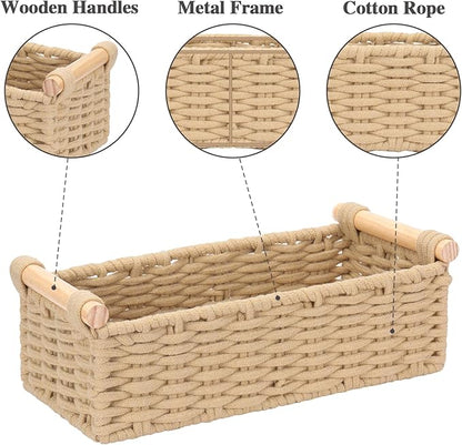 Boho Cotton Rope Storage Baskets Set of 2, Woven Wicker Organizer Bins with Wooden Handles, Small Decorative Boxes for Organizing, Toilet Paper Baskets for Bathroom Countertop, Shelves (Brown 2 Pack)