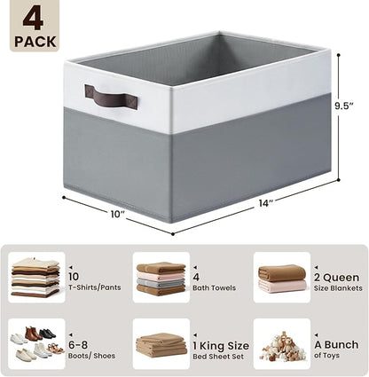 4 Pack Large Closet Storage Baskets Bins for Shelves | Fabric Closet Organizers and Storage with Handles Home Organization | Decorative Collapsible Baskets for Organizing Clothes Toy Nursery 14"x10"