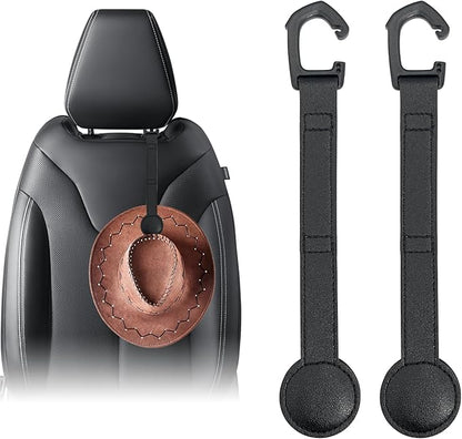 Cowboy Hat Holder for Truck, 2 Pack Black Leather Magnetic Hat Clip - Universal Hat Rack Organizer for Car Pickup Seat Headrest, Travel Hat Hanger Accessory