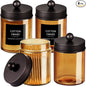 Amolliar Bronze Glass Apothecary Jar With Metal Lid & Stickers, Bathroom Qtip Dispenser Storage Canister, Perfect for Cotton Balls, Cotton Swabs, Makeup Pads, Bath Salt, Floss,4 Pack (Bronze)