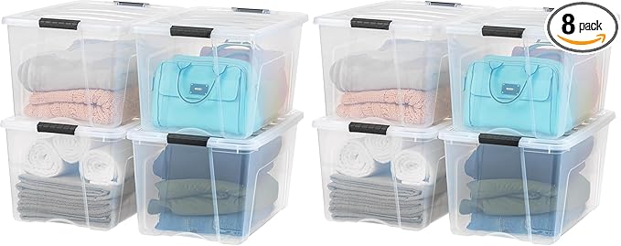 IRIS USA 72 QT Plastic Storage Box with Lid and Latches - 8 Pack - BPA-Free, See-Through Organizing Solution, Durable Nestable Stackable Containers, Secure Pull Handle - Clear