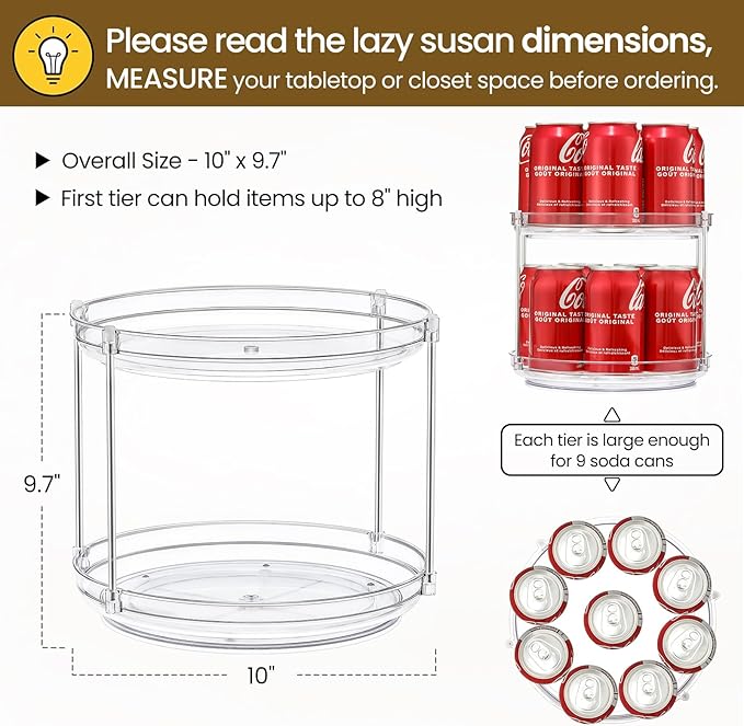 2 Tier Non-Skid Acrylic Lazy Susan Organizer - Rotating Spice Rack - Turntable Organization for Kitchen, Pantry, Countertop, Closet, Bathroom, Vanity, Medicine Cabinet Organizing,10''