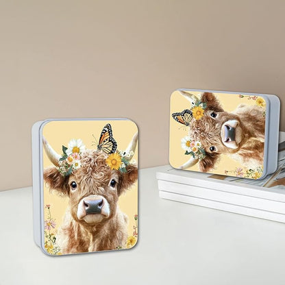 Metal Tin Box with Lid for Game Cards Home Organizer Candles Keys Crafts Storage - Equipped with 4 Magnetic Cord Clips，Cute Cow Butterfly