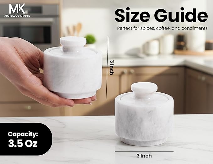 MARBLOUS KRAFTS White Marble Small Salt Cellar with Lid 3 Inch Set of 2 Handmade Stone Salt Container for Countertop, Sugar Bowl, Spice Jar & Salt and Pepper Containers, Kitchen Decor Gift