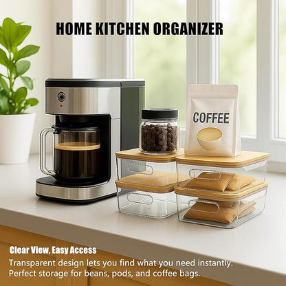 CiWiVOKi 6 Pack Clear Stackable Storage Bins with Bamboo Lids, 3.7L BPA-Free Plastic Organizer Containers with Handles, for Pantry, Kitchen, Fridge, Bathroom, Cabinet & Closet Organization