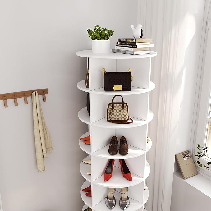 7-Tier Rotating Shoe Rack Tower, 360 Spinning Shoe Rack, Modern Free Standing Spinning Shoe Organizer, Rotating Lazy Susan Shoe Racks for Entryway Doorway, Holds Up to 28 Pairs of Shoes(White)