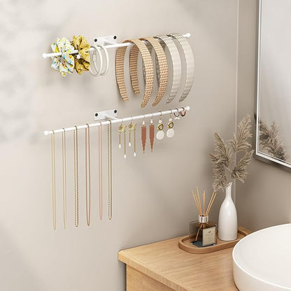 Wall Hanging Jewelry Organizer: 12.6'' Necklace Holder for Earring, Bracelet, Rings, Hairband, Glasses, White 2-Pack, Screws Included