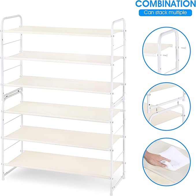 Simple Trending 3-Tier Stackable Shoe Rack, Expandable & Adjustable Fabric Shoe Shelf Storage Organizer, White