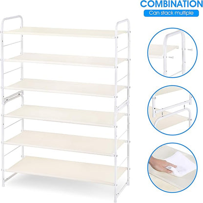Simple Trending 3-Tier Stackable Shoe Rack, Expandable & Adjustable Fabric Shoe Shelf Storage Organizer, White
