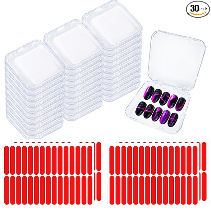 Press on Nail Box,30 Sets Display Case Artificial Nail Display Storage Box with 60 Pcs Adhesive Double Sided Tape Acrylic Nail Box Press On Nail Packaging for Nail Salon