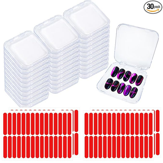 Press on Nail Box,30 Sets Display Case Artificial Nail Display Storage Box with 60 Pcs Adhesive Double Sided Tape Acrylic Nail Box Press On Nail Packaging for Nail Salon