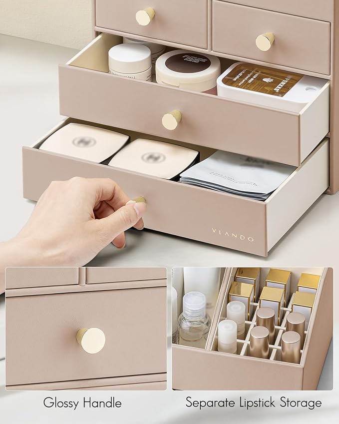 VLANDO Makeup Organizer Countertop,Large Vanity Organizer PU Leather Make up Storage with 4 Drawers Skin care Organizer Cosmetic Display Case for Lipstick,Brushes,Bedroom-Toffee