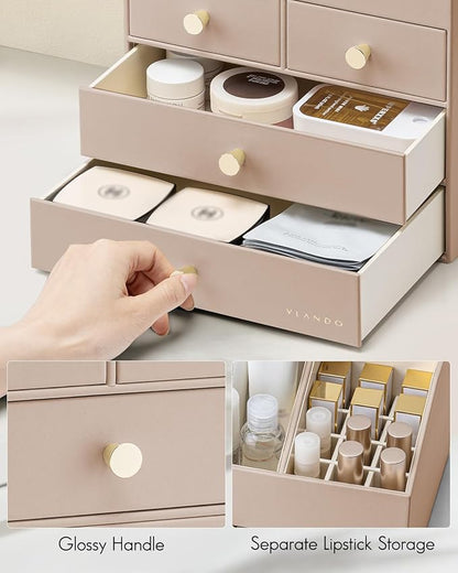 VLANDO Makeup Organizer Countertop,Large Vanity Organizer PU Leather Make up Storage with 4 Drawers Skin care Organizer Cosmetic Display Case for Lipstick,Brushes,Bedroom-Toffee