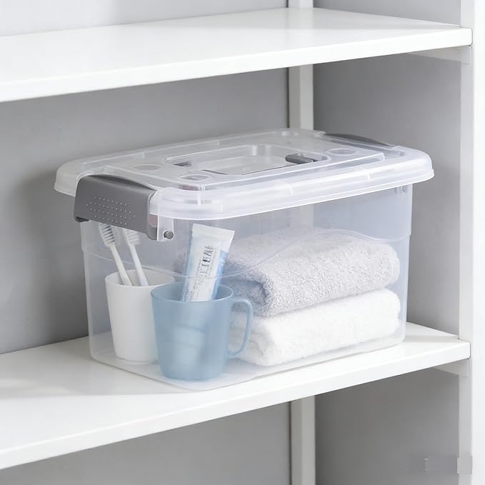 6-Pack Home Storage Bins, Plastic Container, Latching Box with Handle (Grey handle)