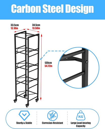 5 Gallon Water Jug Holder, Movable 5 Tier Heavy Duty Water Rack with 4 Wheels, Rack for Water Jug Storage, Space Saving Water Stand for Five 5 Gallon Water Jugs, Black