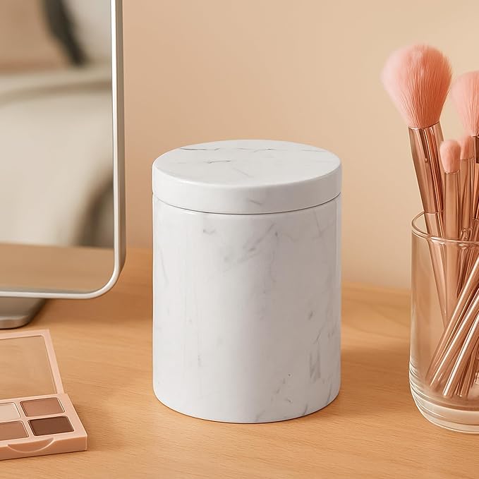 Natural Marble Canister, Cotton Swab Holder with Lid, High Capacity Bathroom Qtip Holder Storage for Cotton Swab, Floss Picks, Makeup Pad, Bath Salt, Jazz White(NS020)