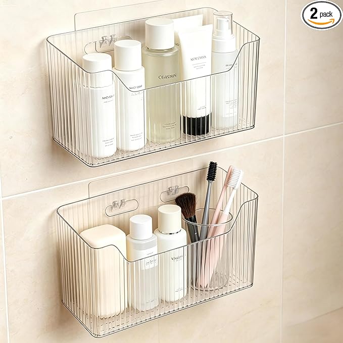 Acrylic Wall Mounted Storage Racks,2Pcs Storage Box Shower Basket, Transparent Plastic Makeup Box Stackable Storage Basket for Kitchen Bathroom Cabinet Pantry and Office, with 2 Back Stickers