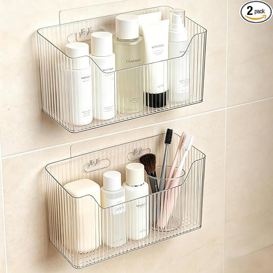 Acrylic Wall Mounted Storage Racks,2Pcs Storage Box Shower Basket, Transparent Plastic Makeup Box Stackable Storage Basket for Kitchen Bathroom Cabinet Pantry and Office, with 2 Back Stickers