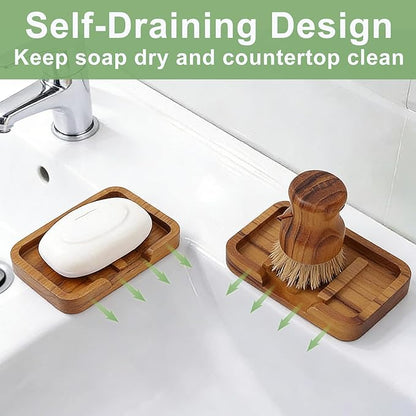 2PCS Self Draining Soap Dish by HTB,Teak Wood Soap Holder,Soap Saver for Shower, Bathroom, Sink, Kitchen and Countertop