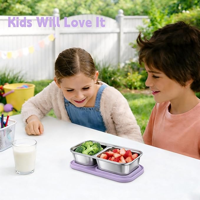 3 Pack Stainless Steel Snack Containers with Silicone Lids, 2-Compartment Snack Containers for Lunch, Office, Travel & Camping (Muted Lilac, Blush Pink, Dusty Rose)