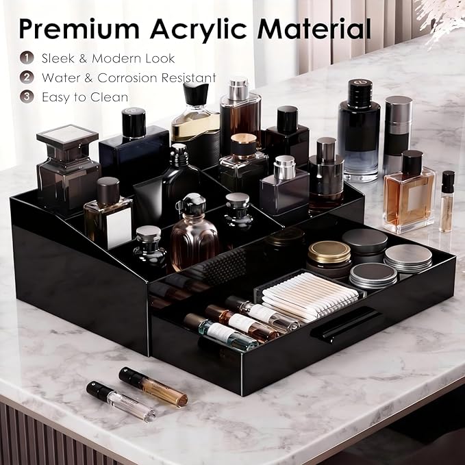 ProCase Cologne Organizer with Drawer, Acrylic Perfume Holder & Bathroom Countertop Organizer for Men & Women, Dresser Vanity Storage for Cologne, Perfume and Skincare -1 Layer