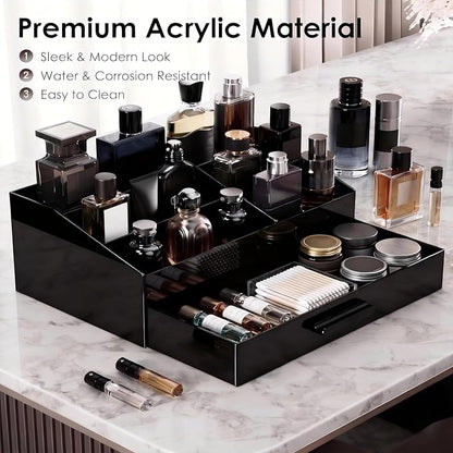 ProCase Cologne Organizer with Drawer, Acrylic Perfume Holder & Bathroom Countertop Organizer for Men & Women, Dresser Vanity Storage for Cologne, Perfume and Skincare -1 Layer
