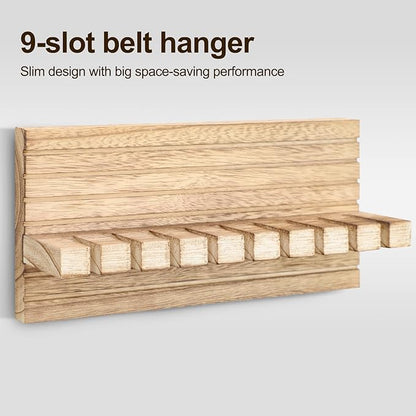 Belt Organizer for Closet, Belt Hanger Wall Mounts to Hold 9 Belts Without Slipping, Space Saving Belt Rack for Closet Organization Includes Mounting Hardware (11.8” x 5.5” x 2.5”) (Wood)