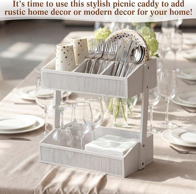 Novabright 2 Tier Paper Plate Dispenser for Kitchen Counter, Paper Plate Organizer, Rustic Wooden Utensil Holder for Party Countertop Cutlery Flatware Storage Rack for Napkin Cup Spoon Fork(White)