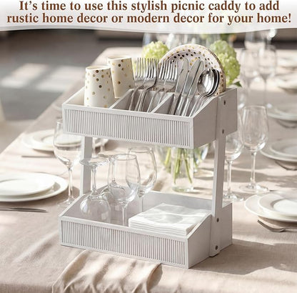 Novabright 2 Tier Paper Plate Dispenser for Kitchen Counter, Paper Plate Organizer, Rustic Wooden Utensil Holder for Party Countertop Cutlery Flatware Storage Rack for Napkin Cup Spoon Fork(White)