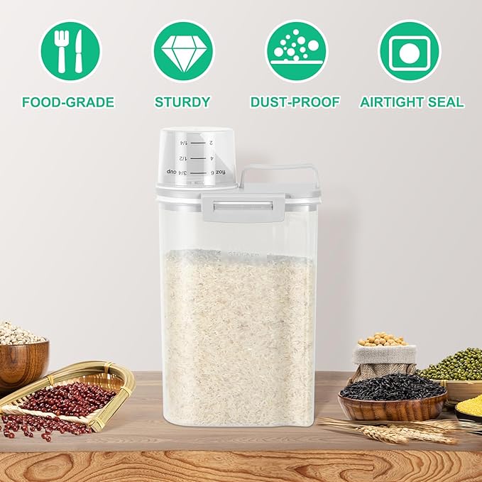 TBMax Rice Storage Container 2 Pack, Plastic Kitchen Pantry Food Storage Container with Cup, Small Pet Dog Cat Food Container Dispenser