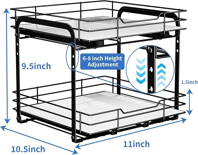 BOIVSHI 2-Tier Spice Rack Organizer, Pull Out Spice Rack for Cabinet, Height Adjustable Heavy Duty Metal Basket for Inside Cabinet & Pantry (11.5''Wx10.5''Dx9.5''H)
