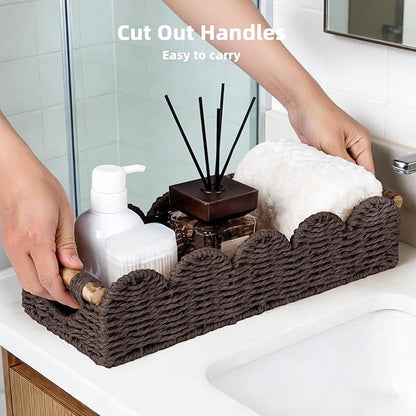 CubesLand Bathroom Basket Organizer w/Cut Out Handle, Back of Toilet Paper Storage Baskets Tray for Bathroom Countertop Decorative, Scalloped Wicker Basket Also for Home Decor, Living Room, Brown