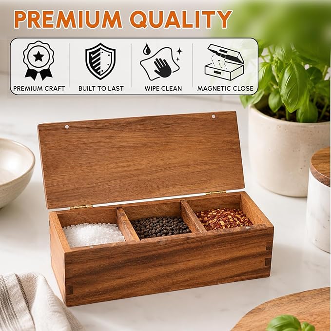 Vespara Acacia Wood Salt Cellar Spice Box with Flip Lid Storage, Large Capacity Salt Box for Kitchen, Gourmet Salts, Spices, Grilling & Cooking(3 natural)