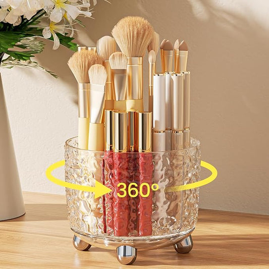 A-LuGei 【Crystal Design 𝟰.𝟳" Makeup Brush Holder Organizer, 𝟯𝟲𝟬° Rotating Makeup Organizer, 6 Slot Makeup Organizer Countertop, Vanity Organzier, Pen Holder for Desk Office Bathroom Desktop