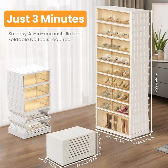 Portable Extra Large Folding Shoe Rack Set of 2, Shoe Organizer Storage Box for Closet With Magnetic Clear Door, Shoe Storage Cabinet for Living Room, Entryway(9 layers—18 Pairs, Style-B)