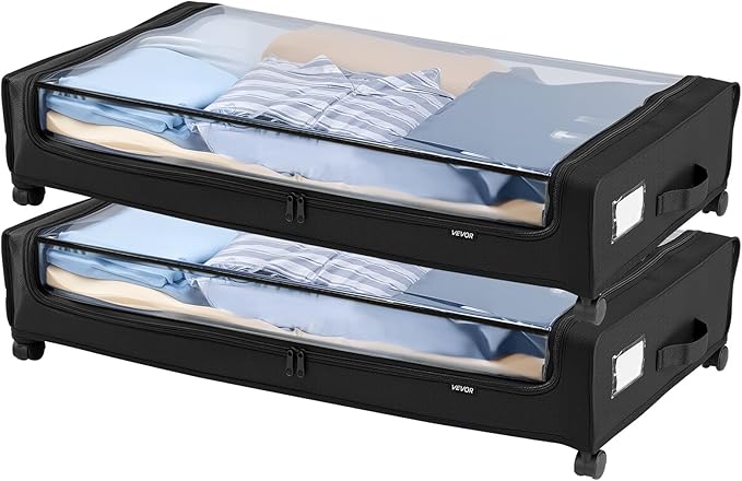 VEVOR Under Bed Storage with Wheels, 30.3 x 18.5 x 6.8 inch, Underbed Containers with Clear Lid, Underbed Shoe Organizer, Rolling Under the Bed Storage Bins for Clothes Shoes Blankets Bedroom, 2 Pack