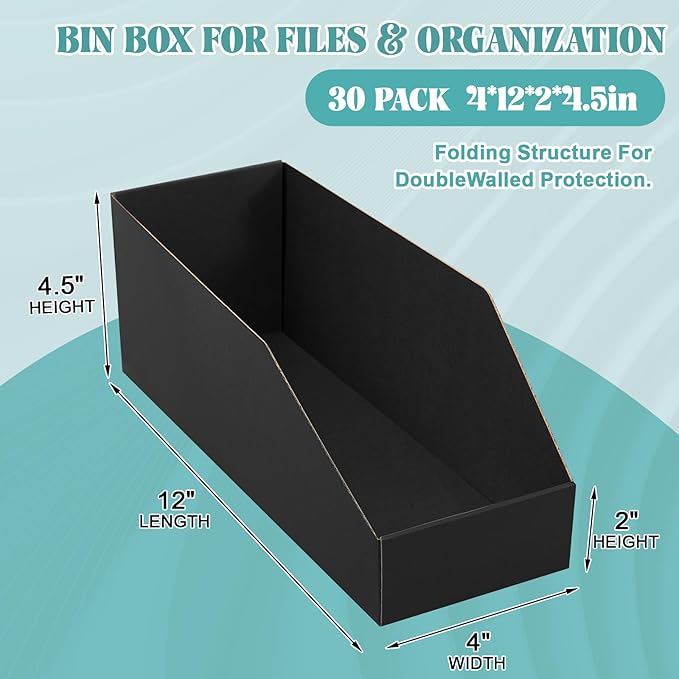 Fuyoooo 30 Pack 12 x 4 x 4. 5 Inches Cardboard Storage Bins Open Top Bin Boxes Black Corrugated Shelf Organizer Bins for Pantry, Parts, Garage, Snacks, Bottles, Cans or Warehouse Home Cubby