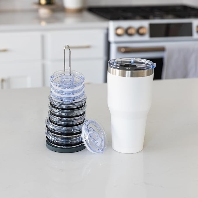 Tumbler Lid Organizer for Cabinet & Countertop - Slim Space-Saving Lid Holder with 9" Sturdy Bar & Weighted, Non-Slip Base - Vertical Storage Cup Lid Organizer - Collapsible Lid Rack for 10 Lids