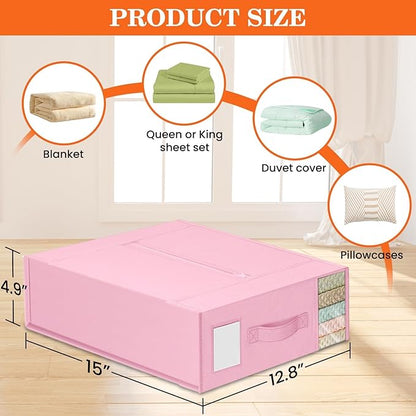 WOWBOX Sheet Organizers and Storage,Closet Bed Sheet Organizer Under Bed Storage and Organization with Label Cards & Clear Window for Bedding Sheets,Duvet Covers,Blankets (8 Pack，Pink)